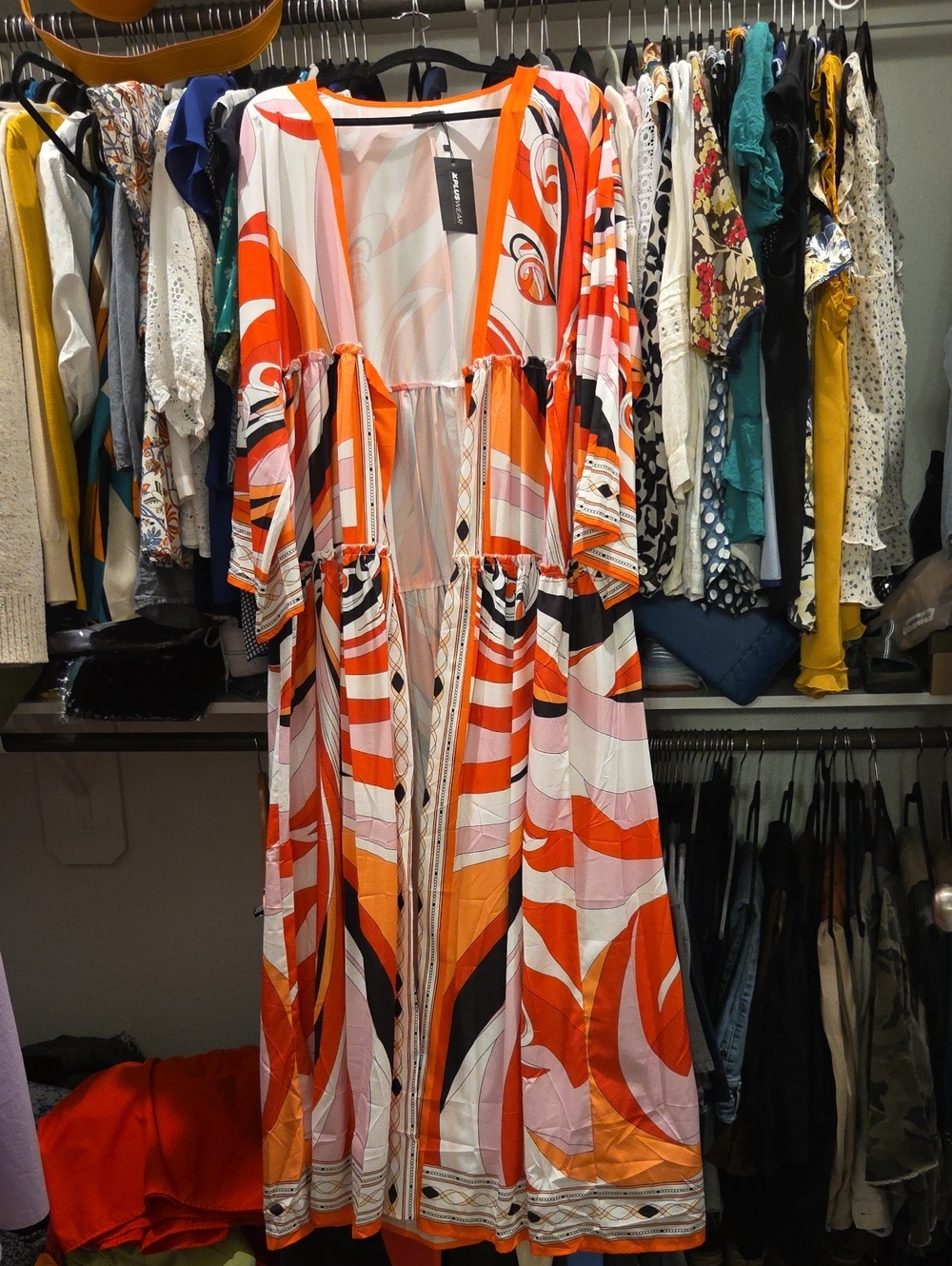 Vibrant Orange & Pink Printed Maxi Dress - Flowing Kimono Style